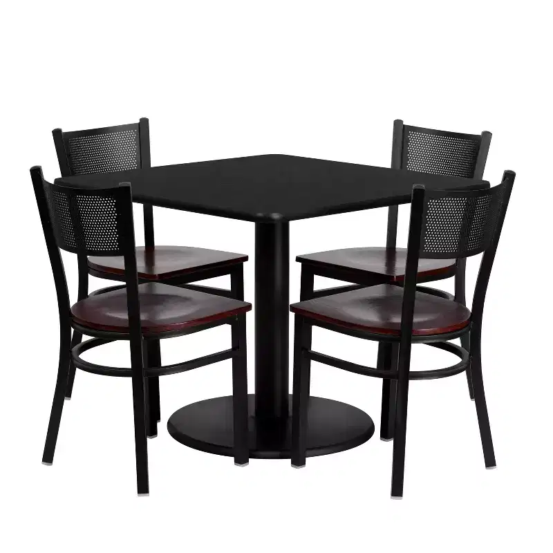 Emma and Oliver 36 Square Black Laminate Table Set, 4 Grid Back Metal Chairs
