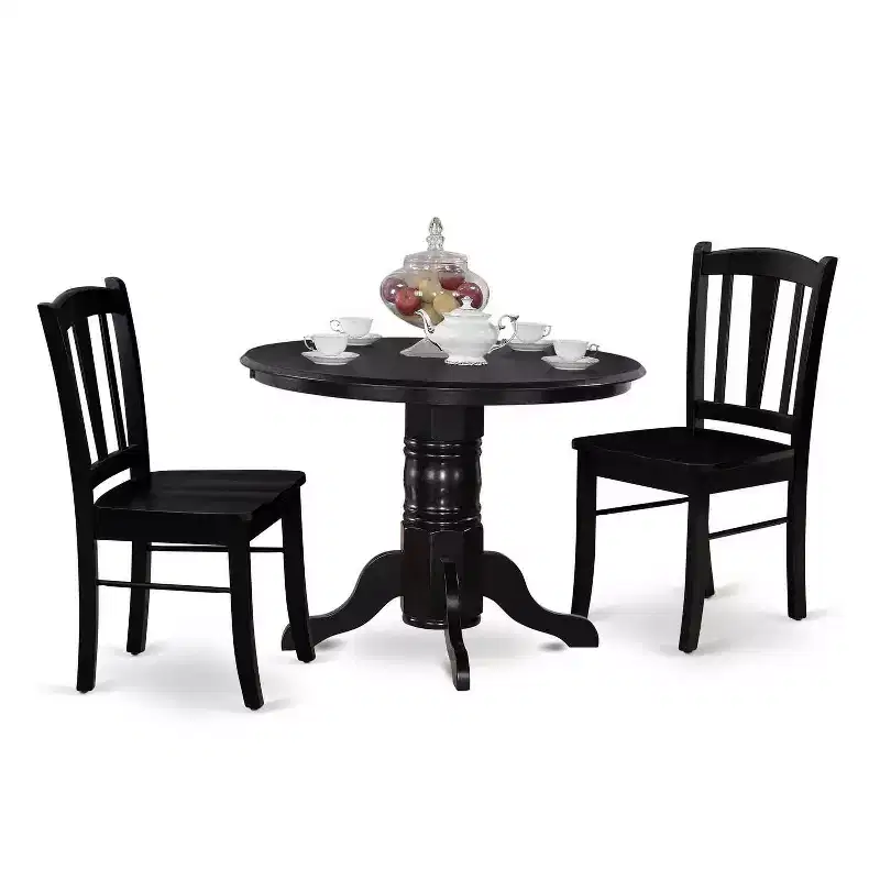 Modern 3Pc Dinette Set - Round Dining Table with 2 Wooden Chairs - Black Finish Kitchen Table Set