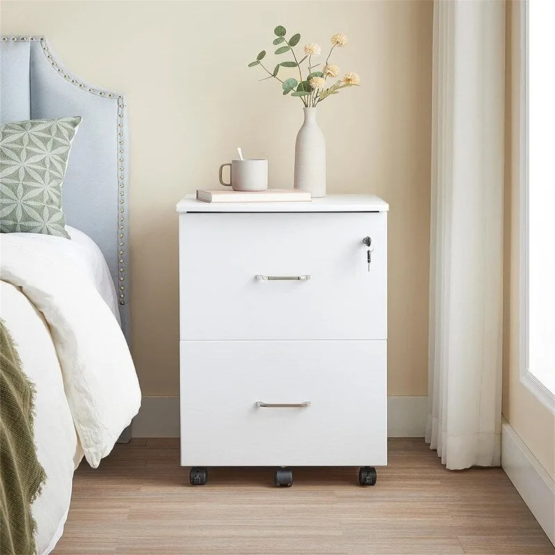 White 2-Drawer Mobile File Cabinet with Lock and Wood Finish