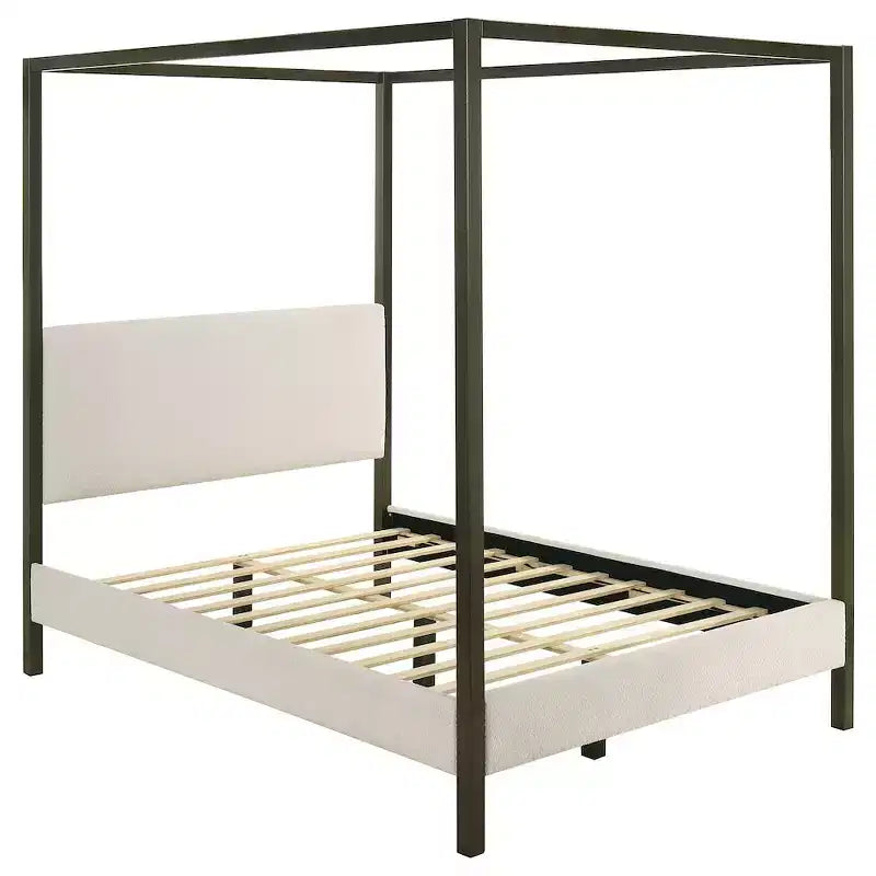 Monroe Upholstered Queen Canopy Bed, Vanilla, Wood Frame with Elegant Canopy Design
