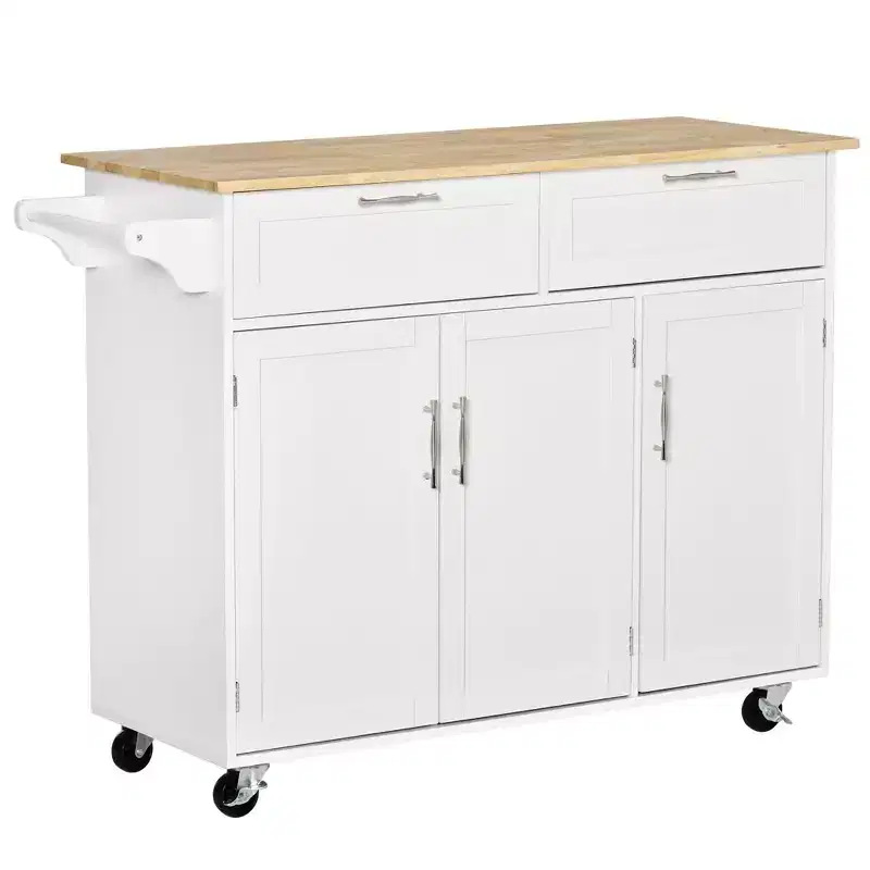 FAMYYT White Natural Wood Top 18 in. Kitchen Island with 2-Storage Cabinets, 2-Drawers, and 4-Lockable Wheels