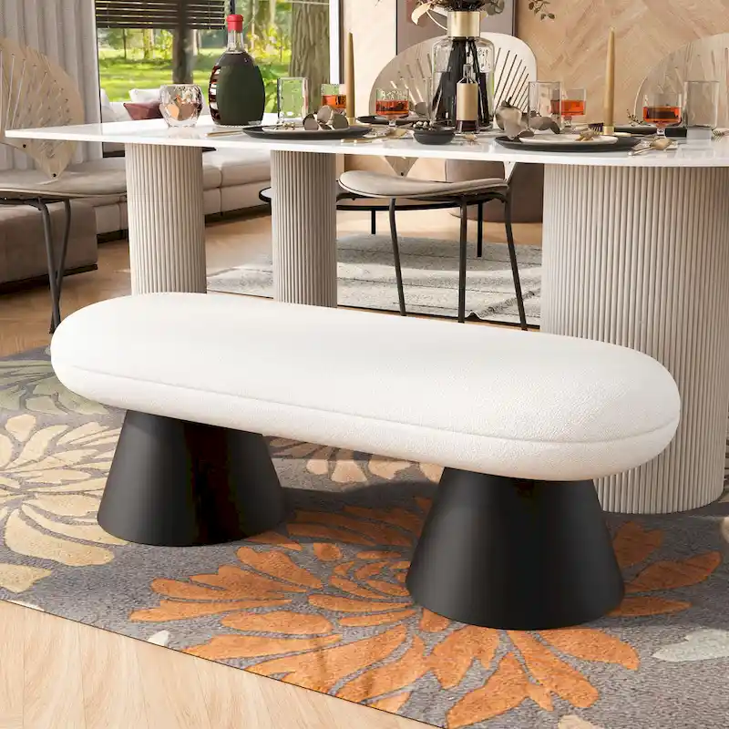 Upholstered Dining Bench with Black Iron Legs