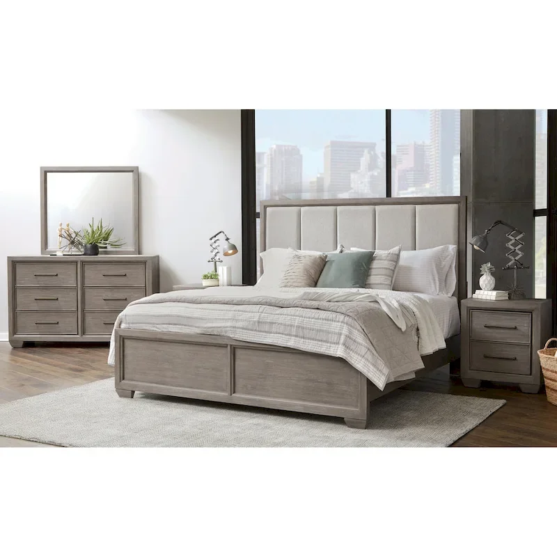 Roundhill Furniture Ennesley Gray Wood Bedroom Set with Upholstered Panel Bed, Dresser, Mirror, 2 Nightstand, and Chest