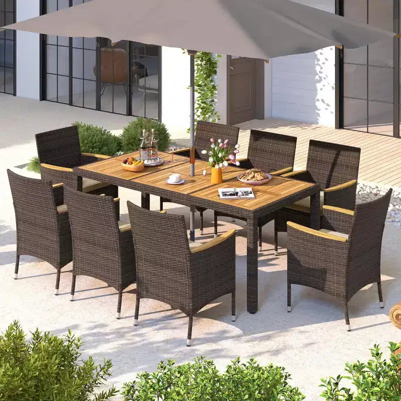 Costway 9PCS Outdoor Dining Set with Acacia Wood Table Top Patio Dining Set for 8 People Navy/Beige