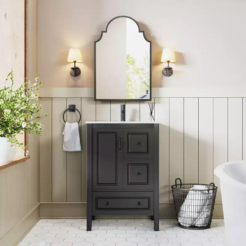 24 inch Black Bathroom Vanity with Sink and Iron Arched Mirror Cabinet, One Cabinet with Soft-closing Door, 3 Soft-closing Drawers