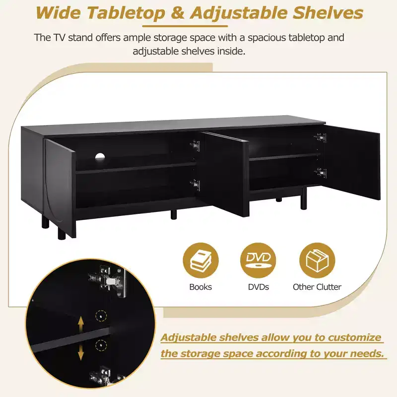 JVNOXK Mid-Century Modern Arched TV Stand, fits up to 78 inches, solid wood legs, with adjustable shelves, perfect for living rooms, black