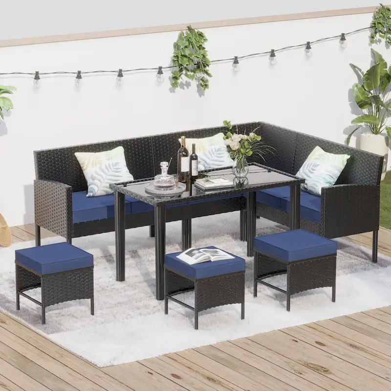 Small Space Patio Furniture 7-Piece Outdoor Furniture Set, Backyard Furniture Set, Waterproof Seat Cushion, Glass Table