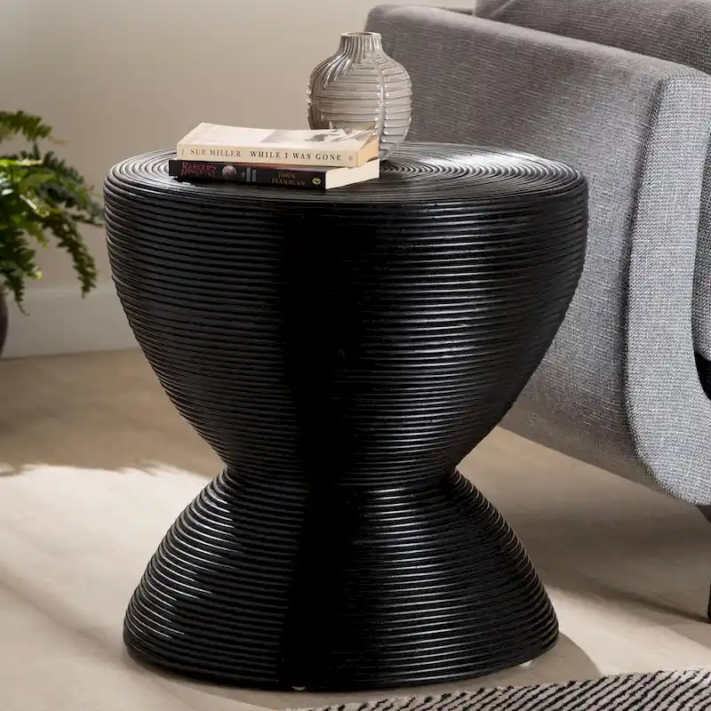 Laminated Natural Rattan Side Table - Hourglass Table with Sculptural Design, Boho Chic Style for Living Room