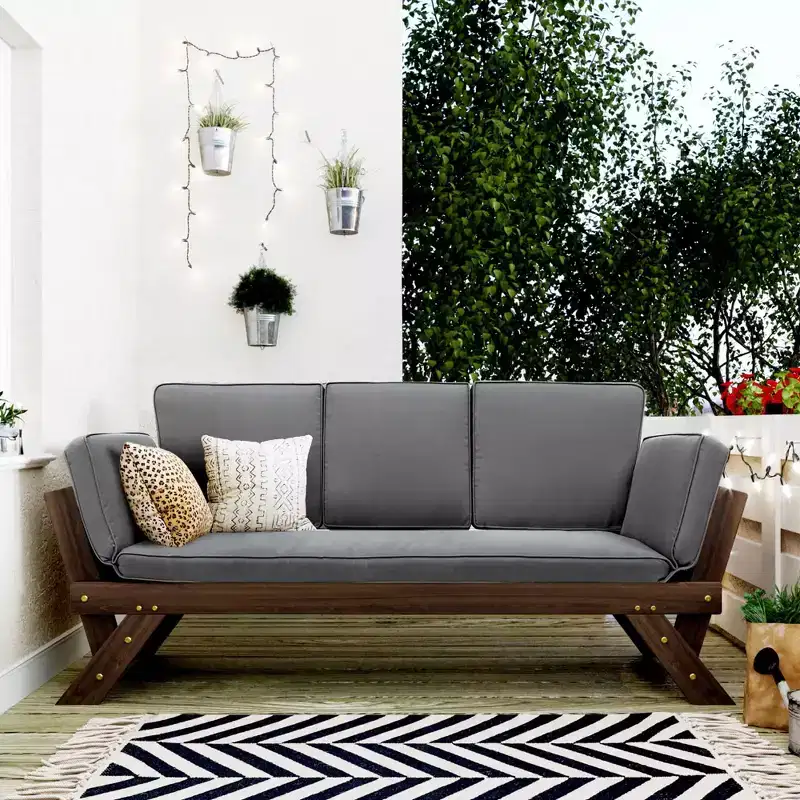 MAYEERTY Outdoor Adjustable Patio Wooden Daybed Sofa Chaise Lounge with Cushions for Small Places
