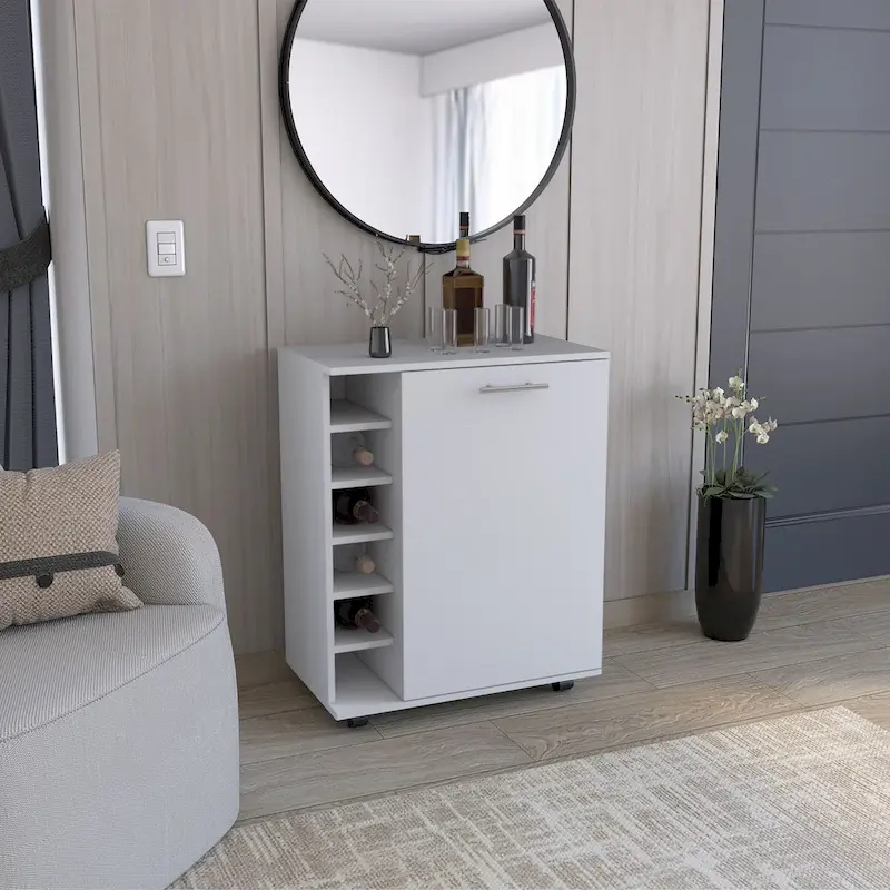 Bar Cart with Integrated Wine Storage, Spacious Cabinet and Smooth Rollers