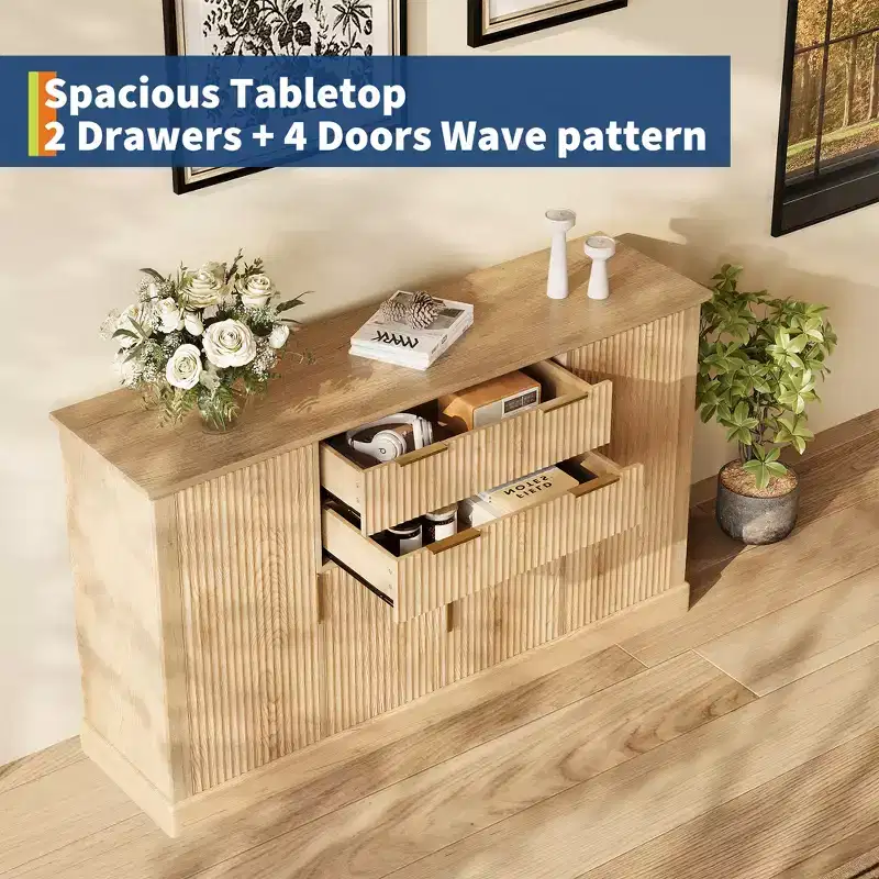 Fluted Buffet Cabinet , 58 Sideboard with 4 Doors & 2 Drawers, Storage Cabinet, Kitchen Console Table with Gold Handles, Coffee Bar & Credenza