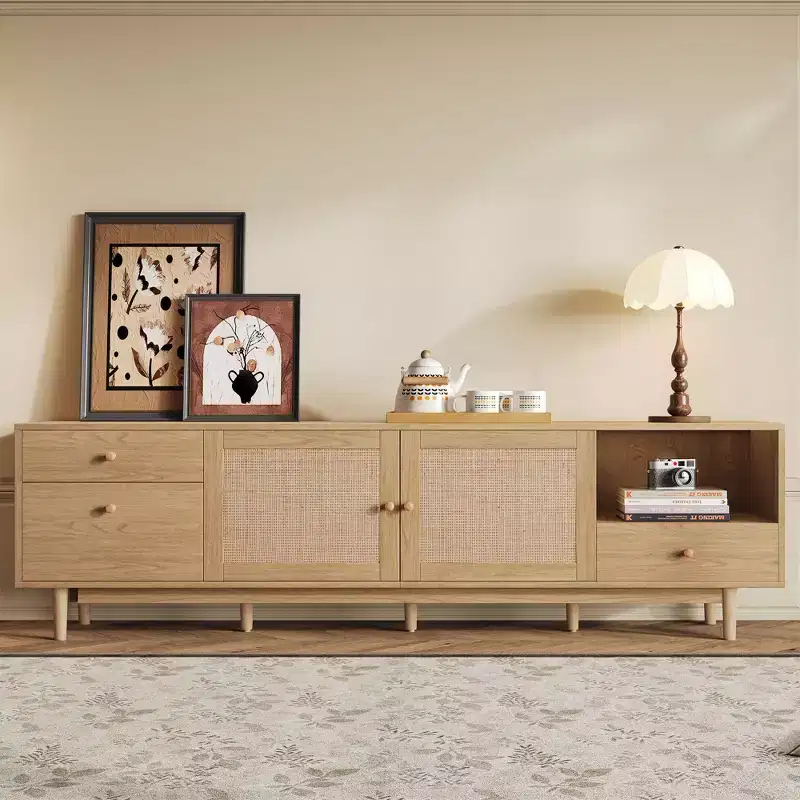 76.6 Natural Brown Rattan TV Stand, Boho Style, Fits TVs up to 85