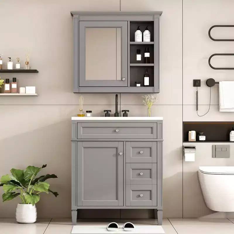 CASAINC 30'' Bathroom Vanity with Top Sink, Mirror Cabinet, 2 Drawers & Tip-out Drawer