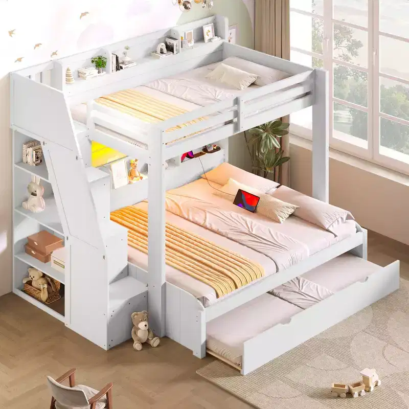 Whisen Twin over Full Bunk Bed Frame with Storage Staircase, Trundle, Storage Shelves