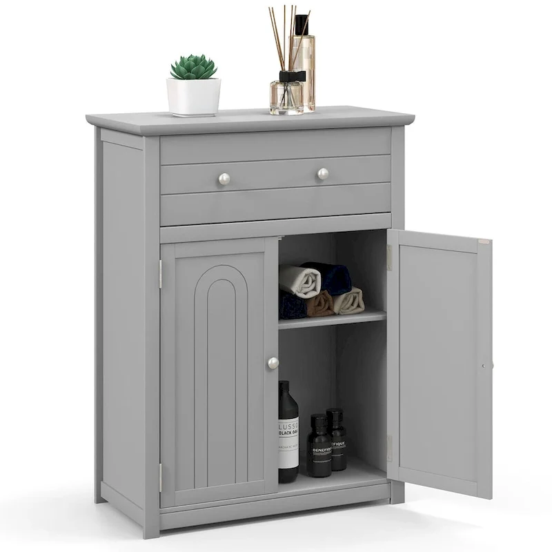 Gymax Bathroom Floor Cabinet Wooden Storage Organizer with Drawer &