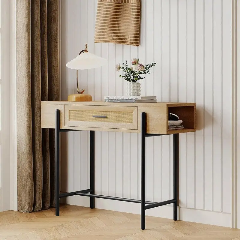 Console Table, Sofa Tables Rattan Entryway Table with Storage Drawer