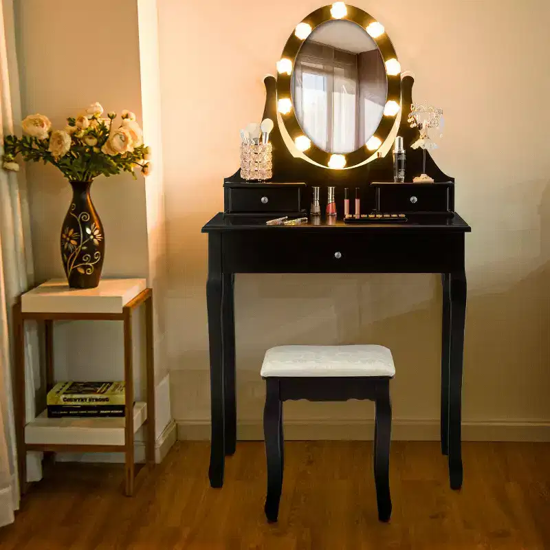 Black Vanity Dressing Table Set with LED Lights & Mirror, 3 Drawers, 1-Person