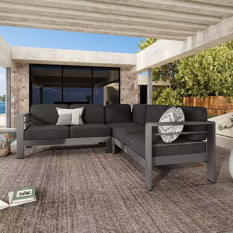 Christopher Knight Home Beatrice Patio Modem V-Shaped Aluminum 5-Seater Sectional Sofa Set with Thick Cushions