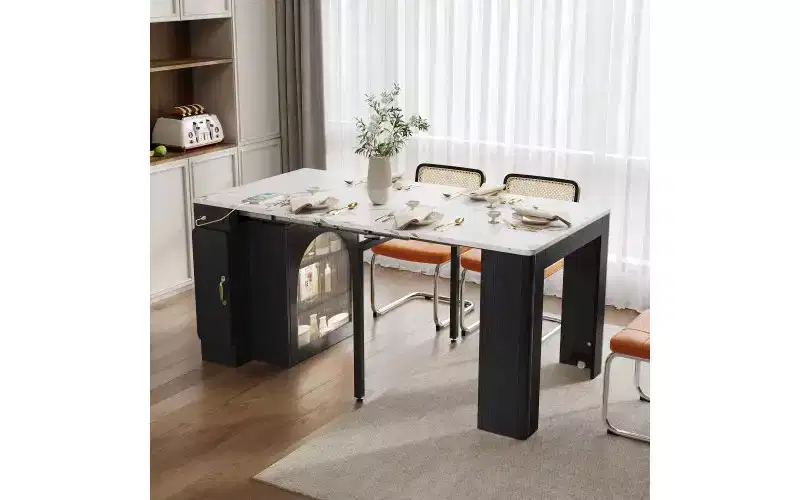 TUYOHW Extending Dining Table with Power Outlet,Mobile Rolling Kitchen Table with Arch Glass Door,Storage Island Table for Kitchen,Living Room