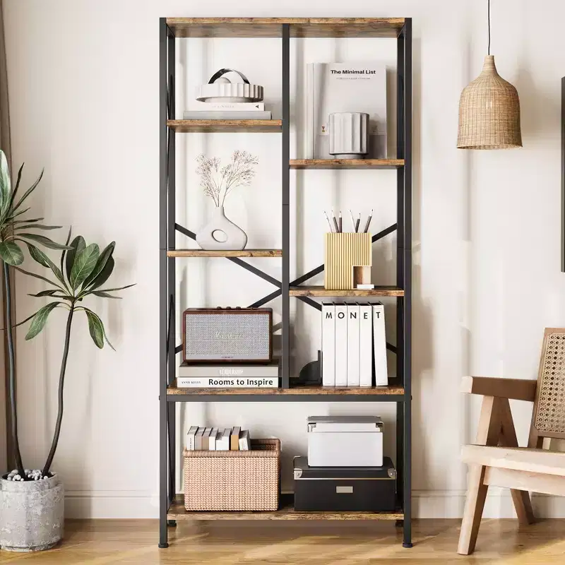 Bookshelf 5 Tier Bookcase Industrial Storage Shelf Vintage Display Rack with Open Shelves Rustic Standing Bookshelves Metal Frame for Living Room