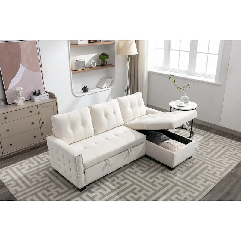 77 Reversible Sectional Storage Sleeper Sofa Bed,L-Shape 2 Seat Sectional Chaise With Storage for Living Room