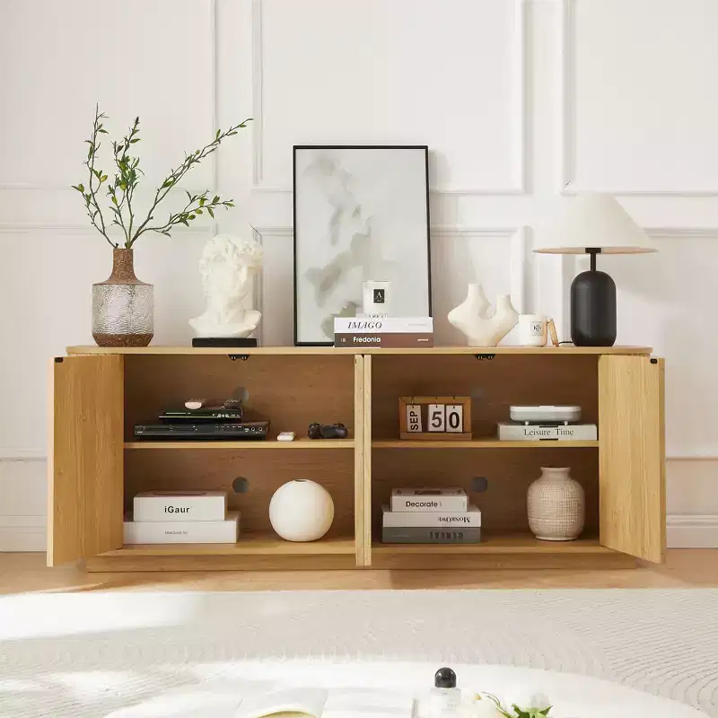 JVNOXK Sideboard Storage Cabinet TV Stand with wave pattern Buffet Cabinet Wooden Vertical Striped Cabinet for Kitchen/Bedroom/Entryway. Natural