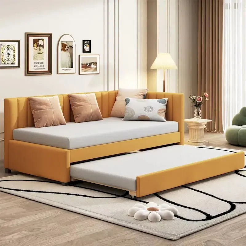 Twin Size Linen Upholstered Daybed with Roll-Out Trundle �� No Box Spring Needed