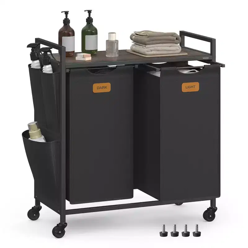 VASAGLE Laundry Hamper, Rolling Cart with Shelves, Small Side Pockets, 6 Labels, 2 Compartments, 26.4 Gal. (100 L), Ink Black and Ash Brown