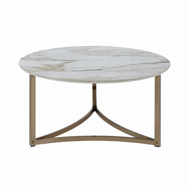 Coffee Table, 35 Inch, Round Sintered Stone Top, White and Gold