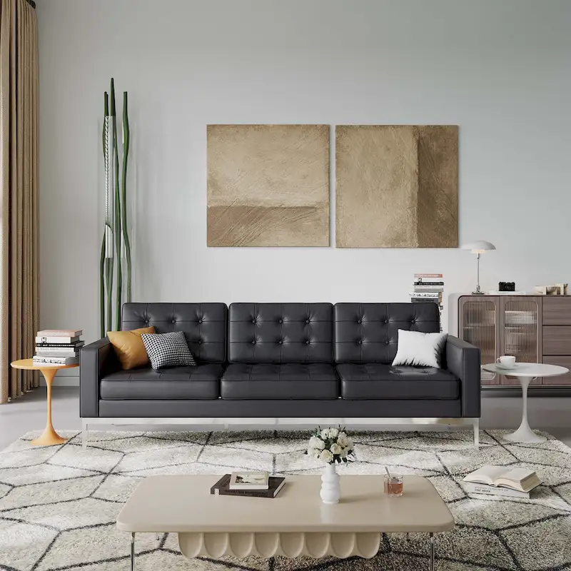 Tufted Leather Three-Seat Sofa with Stainless Steel Legs Brown Black White