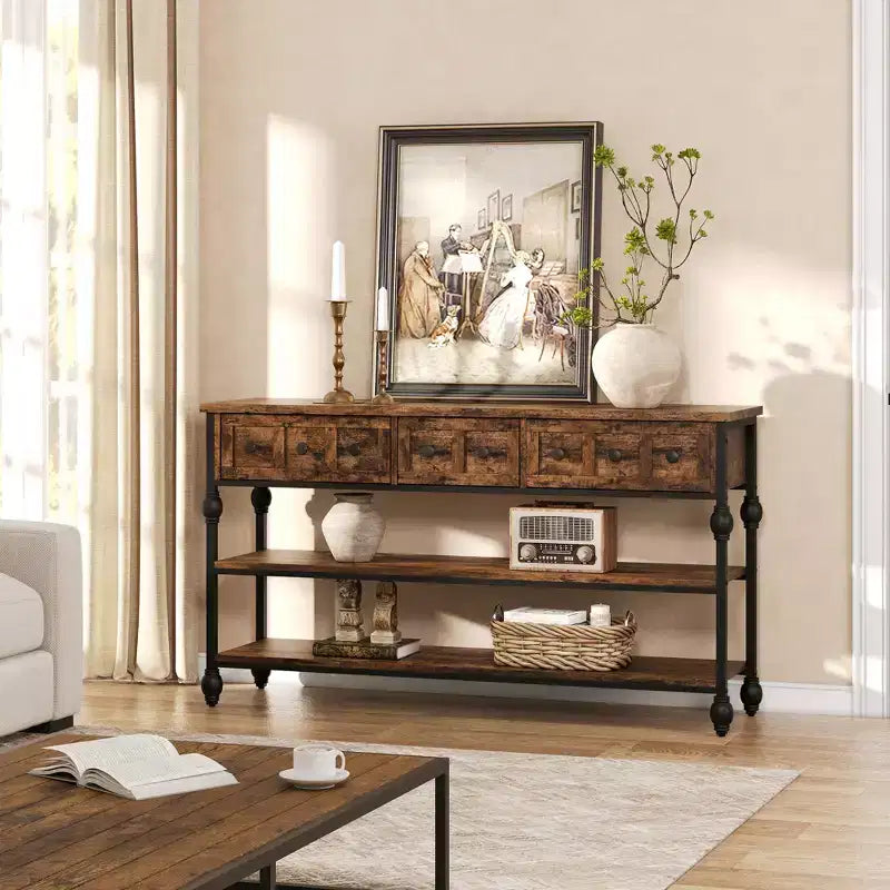 52 Industrial Console Table with 3 Storage Drawers & 3 Tiers, Metal Sofa Table for Living Room, Hallway & Entryway