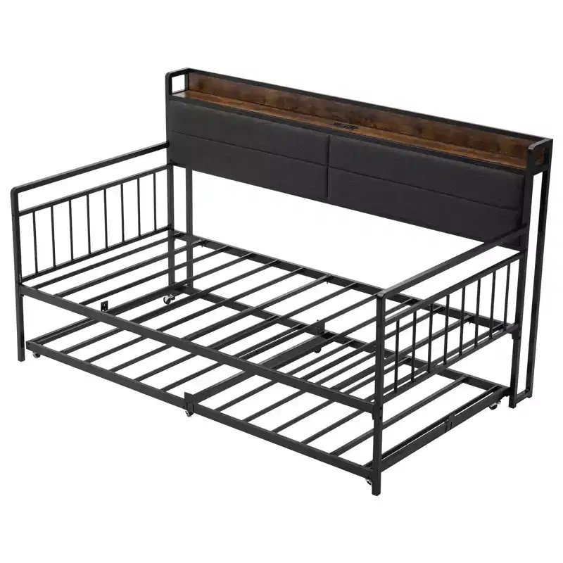 Twin Daybed with Trundle and Charging Station, Metal Frame with Storage Headboard, 880 lb Capacity