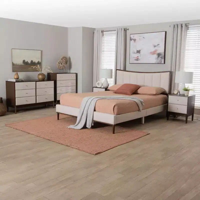 Baxton Studio Nikolai Mid-Century Channel Tufted Beige Fabric and Wenge Brown Wood 5-Piece Queen Bedroom Set