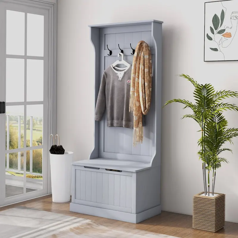 28 3-In-1 Entryway Hall Tree with Storage Bench, Coat Rack with Four Hooks and Shoe Storage, Gray