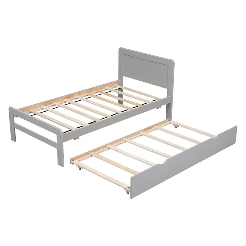 Grey Solid Wood Twin Bed with Pull-Out Trundle, No Box Spring Needed