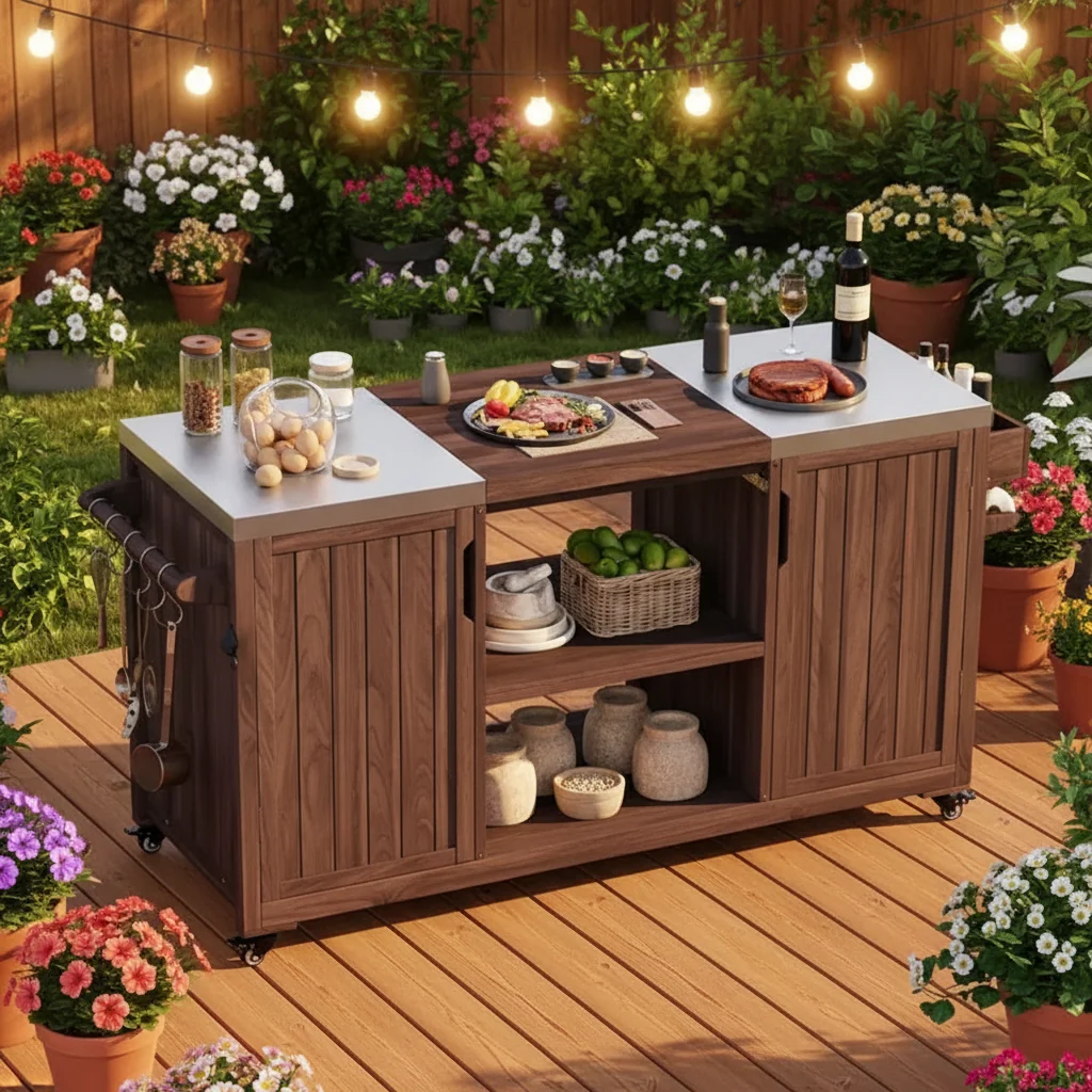 Outdoor Kitchen Island Grill Cart for Big Green Egg & Kamado Joe, Solid Wood Table with Stainless Steel Top, Drawer, Fits Large Grills, Dark Brown