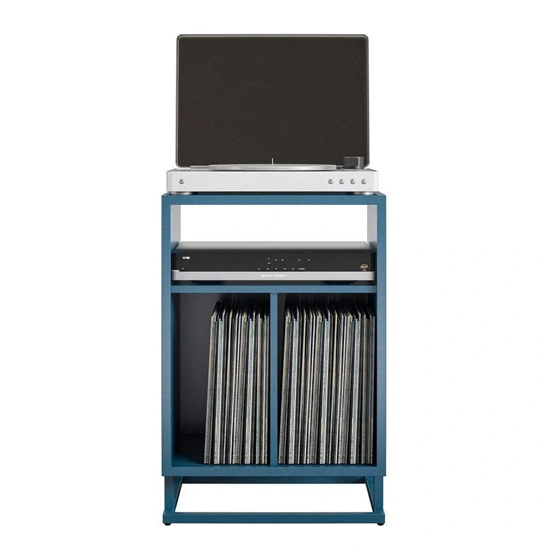 Blue / Walnut Turntable Stand with 3 Open Cubbies and Metal Base for 1–2 Person