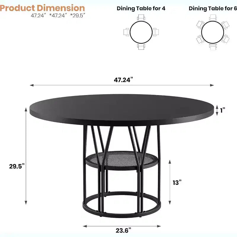 Round Dinning Table for 4-6, 47in Circle Kitchen Table with Storage Shelf & Sturdy Metal Frame, Modern Dinner Table for Kitchen, Living Room