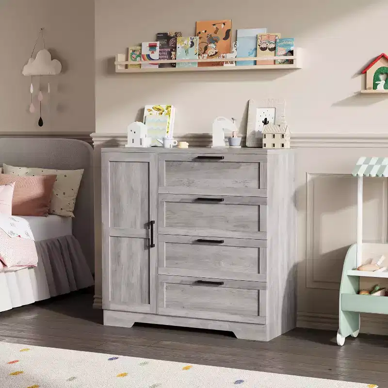 43.3'' H Armoire Wardrobe Closet with Hanging Rod, Multifunctional Wood 4 Drawers Dresser with Storage Closet, Clothing Storage Cabinets for Bedroom