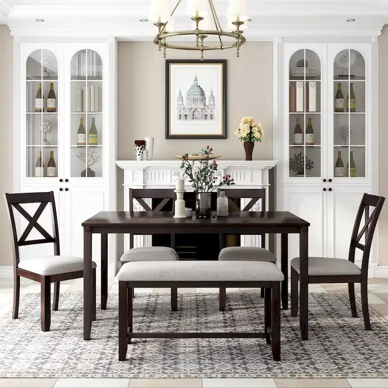 Merax Wooden 6-Piece Kitchen Dining Set with Bench and 4 Dining Chairs