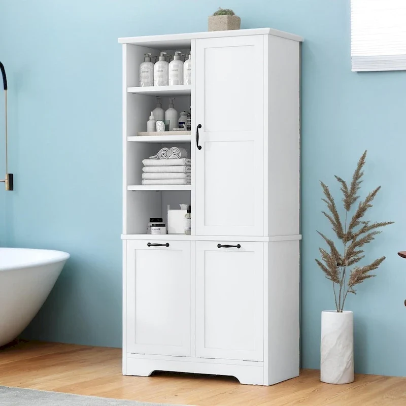 Bathroom Storage Cabinet with Laundry Hamper and Adjustable Shelves