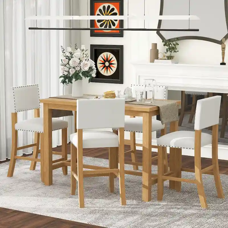 5-Piece Counter Height Dining Set, Classic Elegant Table and 4 Chairs in Natural Wood Wash