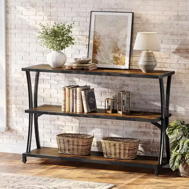 Lantine Industrial 3-Tier Console Table, Rustic Narrow Entryway Sofa Table with Storage Shelves for Living Room, Hallway, Foyer