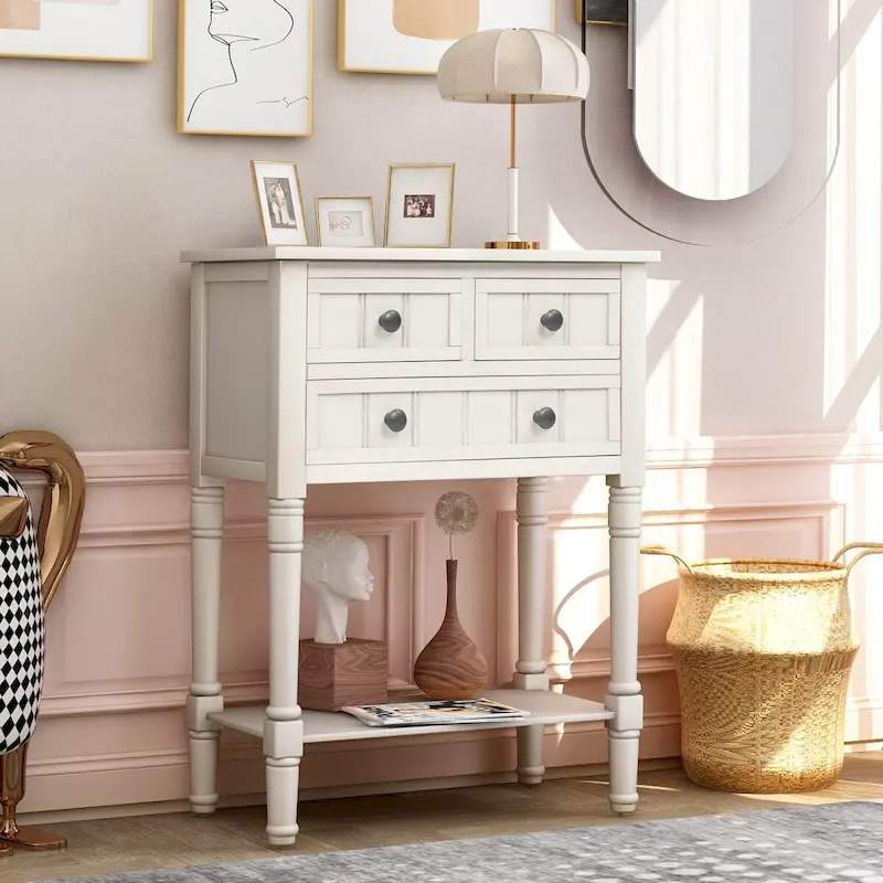 Solid Wood Distressed Sofa Table with Three Storage Drawers and Bottom Shelf