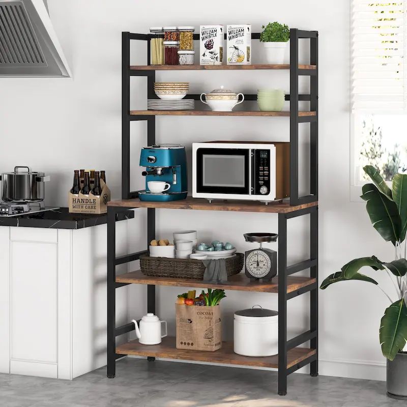 Brown/ Black Kitchen Bakers Rack Industrial Microwave Oven Stand,White 5-Tier Utility Storage Shelf,Kitchen Stand with Hutch