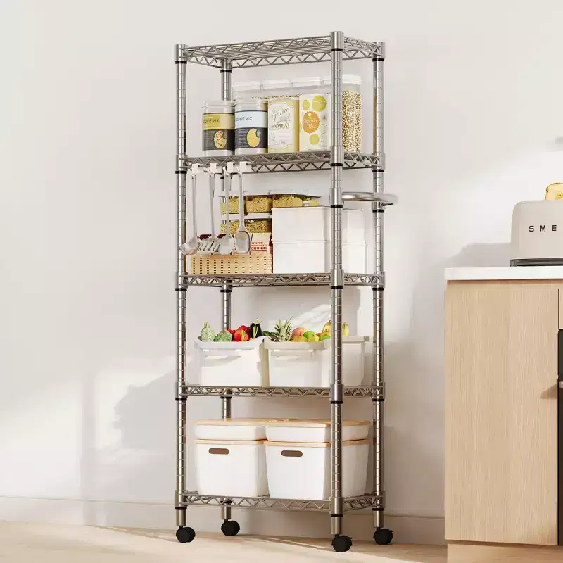 61H 5-Tier Heavy Duty Metal Wire Shelves, 1100 LBS Capacity with Lockable Wheels, Rolling Storage Rack for Kitchen, Garage & Bedroom
