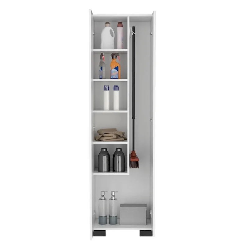 Lake Broom Cabinet Slim-Design Storage Solution with Inner Shelves and Side Broom Hangers White