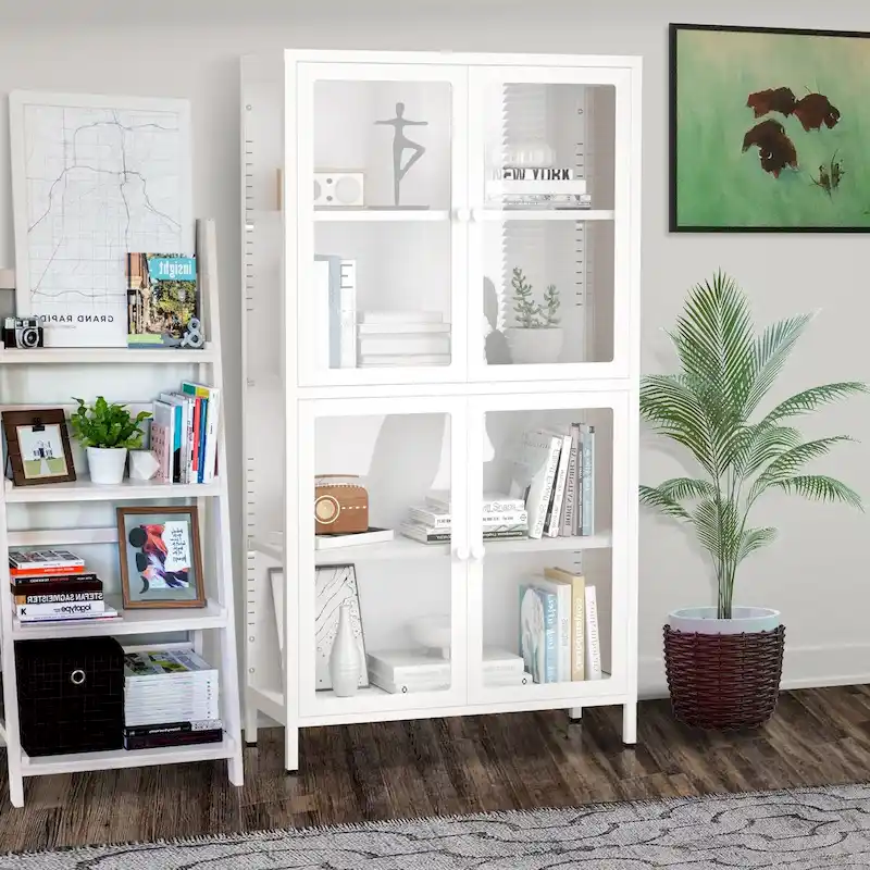 Glass Door Cabinet with Adjustable Shelves for Kitchen Living Room