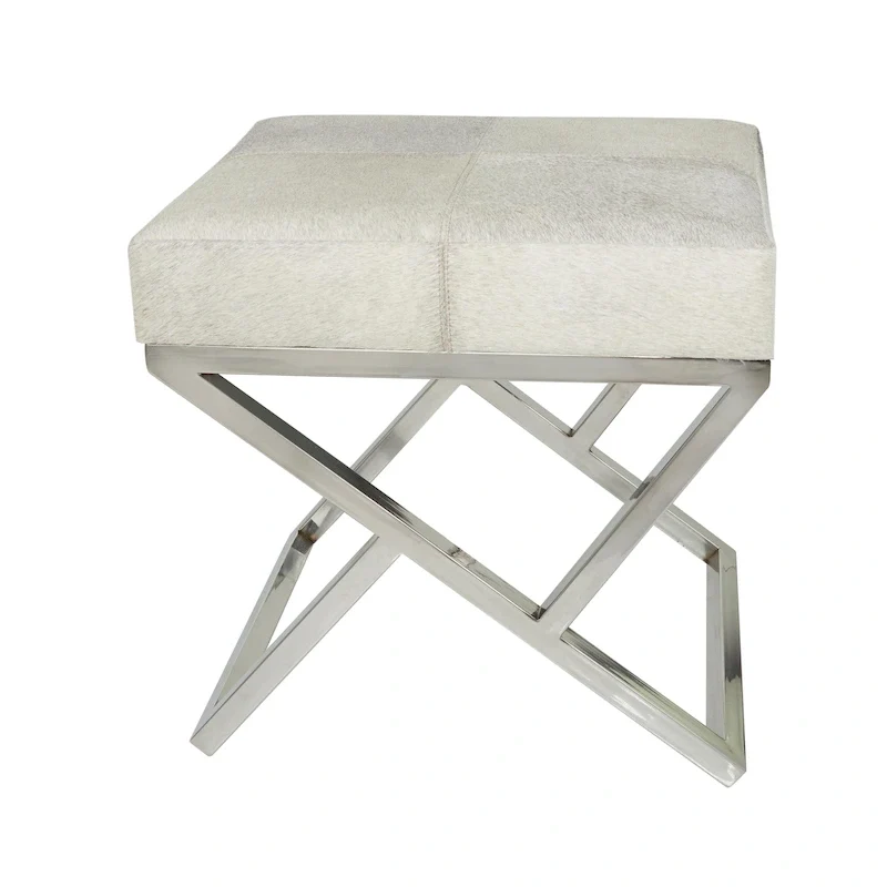 Leather Geometric Home Bench with Angled Silver Metal Base - Light Grey - Roche River Decor