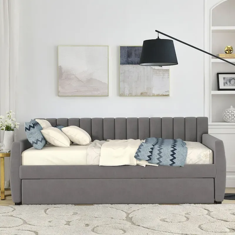 Velvet Upholstered Full Size Daybed with Pull-Out Trundle